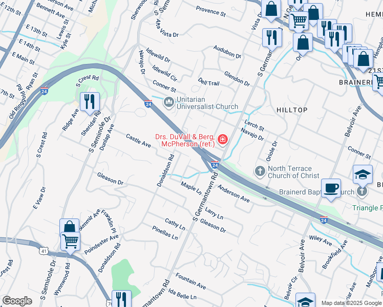 map of restaurants, bars, coffee shops, grocery stores, and more near 500 Bonnie Lassie Avenue in Chattanooga
