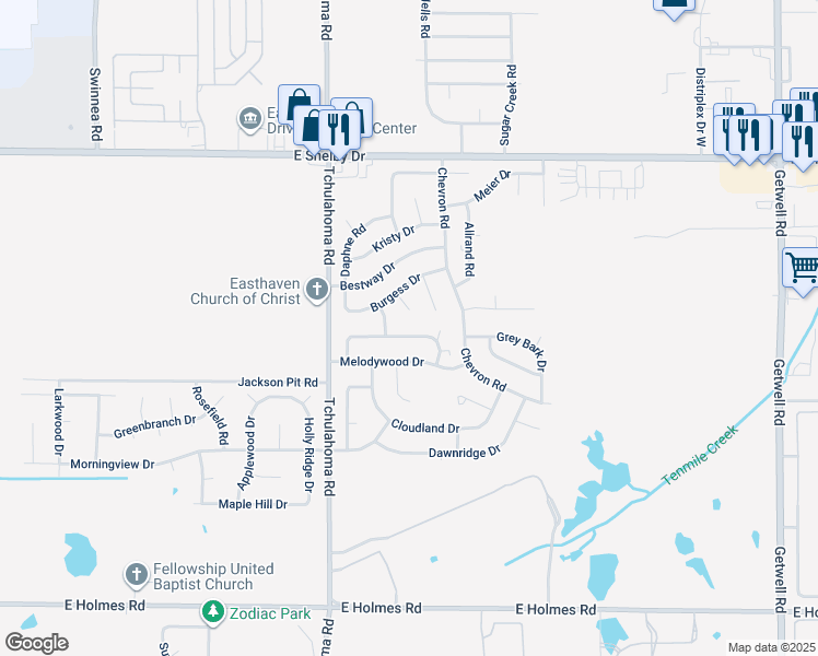 map of restaurants, bars, coffee shops, grocery stores, and more near 3355 Spring Shadow Drive in Memphis