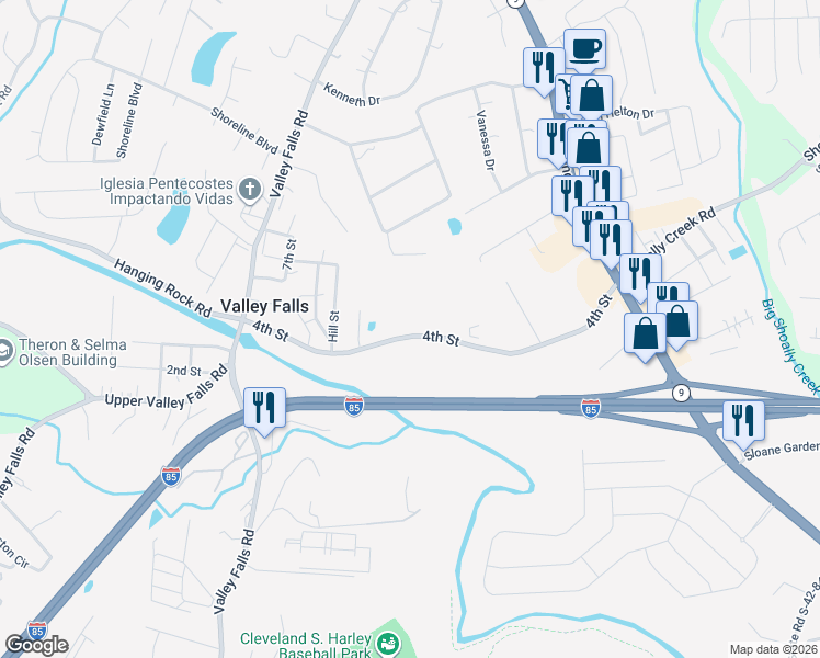 map of restaurants, bars, coffee shops, grocery stores, and more near 274 4th Street in Boiling Springs
