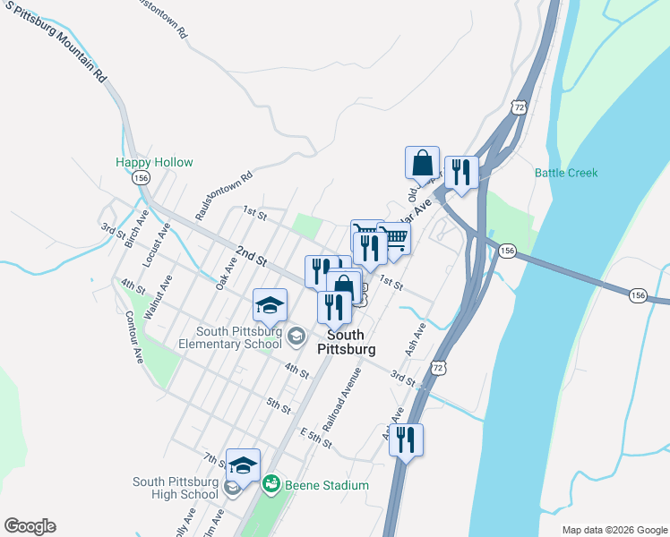map of restaurants, bars, coffee shops, grocery stores, and more near 204 2nd Street in South Pittsburg