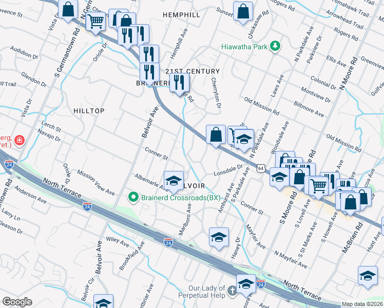 map of restaurants, bars, coffee shops, grocery stores, and more near 107 Tuxedo Circle in Chattanooga