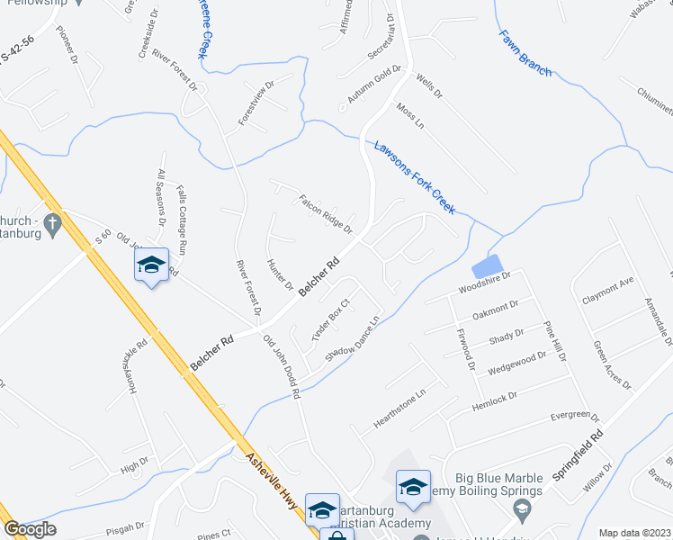 map of restaurants, bars, coffee shops, grocery stores, and more near 328 Belcher Road in Boiling Springs