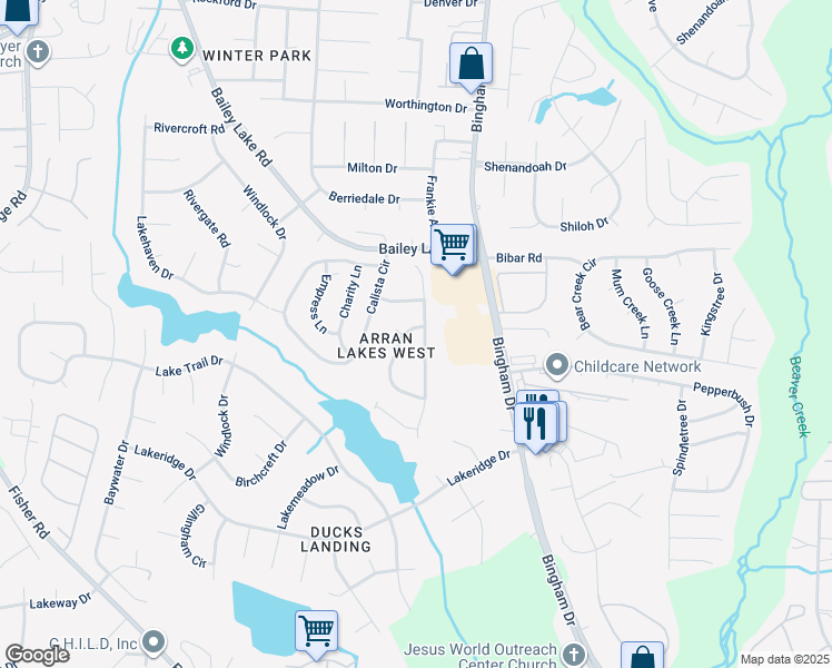 map of restaurants, bars, coffee shops, grocery stores, and more near 1809 Daphne Circle in Fayetteville