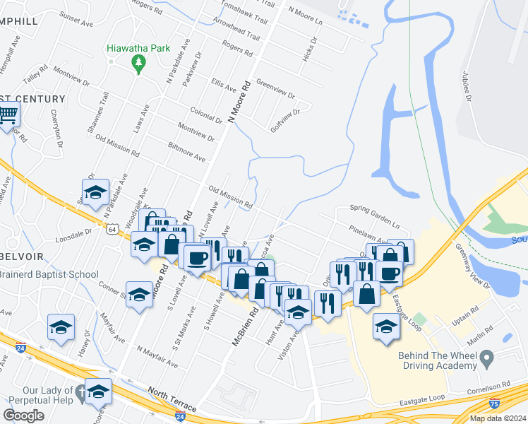 map of restaurants, bars, coffee shops, grocery stores, and more near 5224 Old Mission Road in Chattanooga