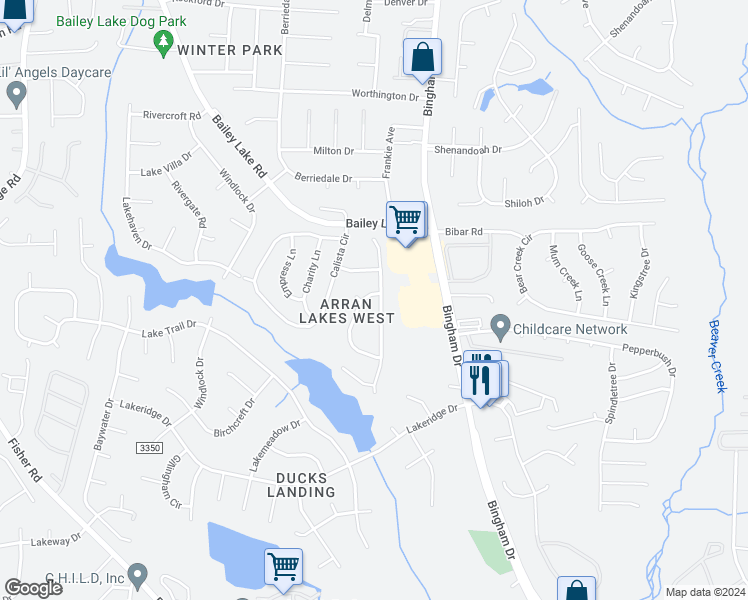 map of restaurants, bars, coffee shops, grocery stores, and more near 1809 Daphne Circle in Fayetteville
