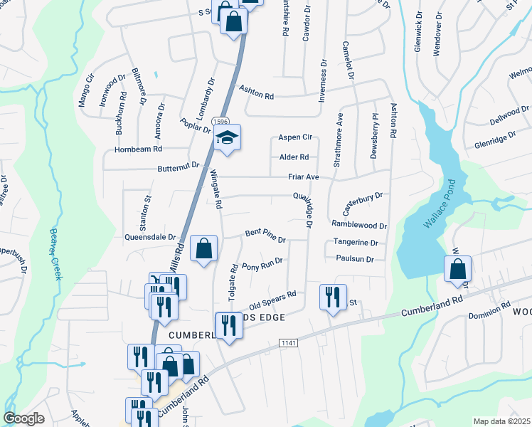 map of restaurants, bars, coffee shops, grocery stores, and more near 2104 Tunis Ct in Fayetteville