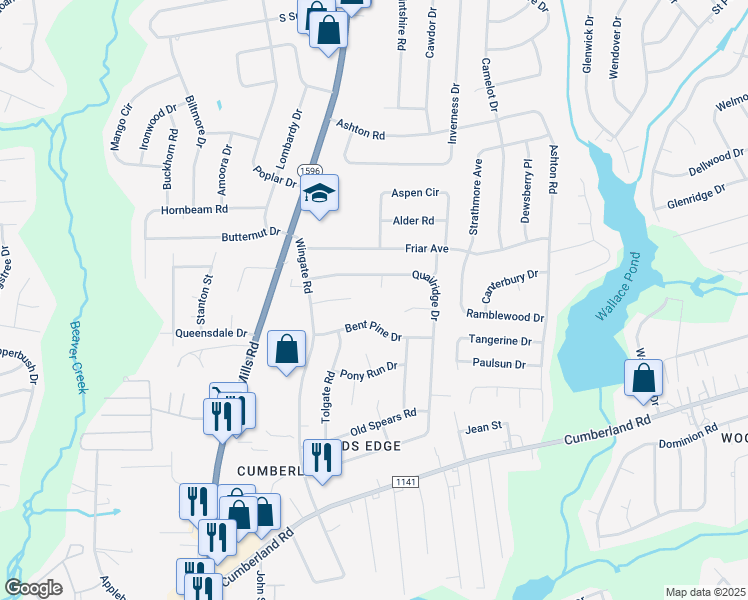 map of restaurants, bars, coffee shops, grocery stores, and more near 2104 Tunis Ct in Fayetteville