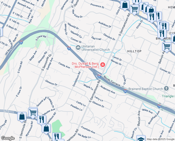 map of restaurants, bars, coffee shops, grocery stores, and more near 3314 Frawley Street in Chattanooga