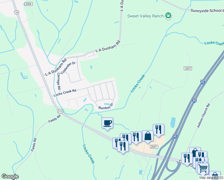 map of restaurants, bars, coffee shops, grocery stores, and more near 1020 Bombay Drive in Fayetteville