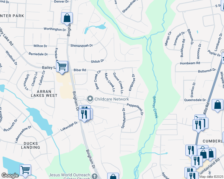 map of restaurants, bars, coffee shops, grocery stores, and more near 5605 Mum Creek Lane in Fayetteville