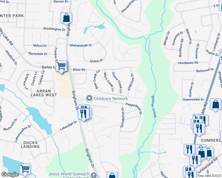 map of restaurants, bars, coffee shops, grocery stores, and more near 5605 Mum Creek Lane in Fayetteville