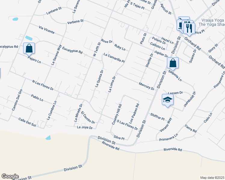 map of restaurants, bars, coffee shops, grocery stores, and more near 1431 La Loma Drive in Nipomo
