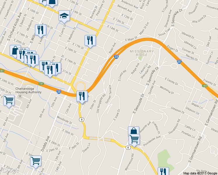 map of restaurants, bars, coffee shops, grocery stores, and more near 1900 Ridgewood Terrace in Chattanooga