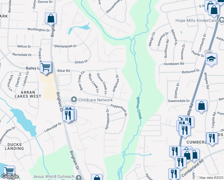 map of restaurants, bars, coffee shops, grocery stores, and more near 5617 Kingstree Drive in Fayetteville