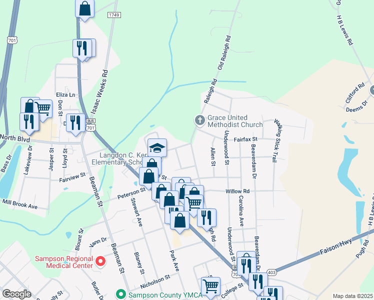 map of restaurants, bars, coffee shops, grocery stores, and more near 1011 Raleigh Road in Clinton