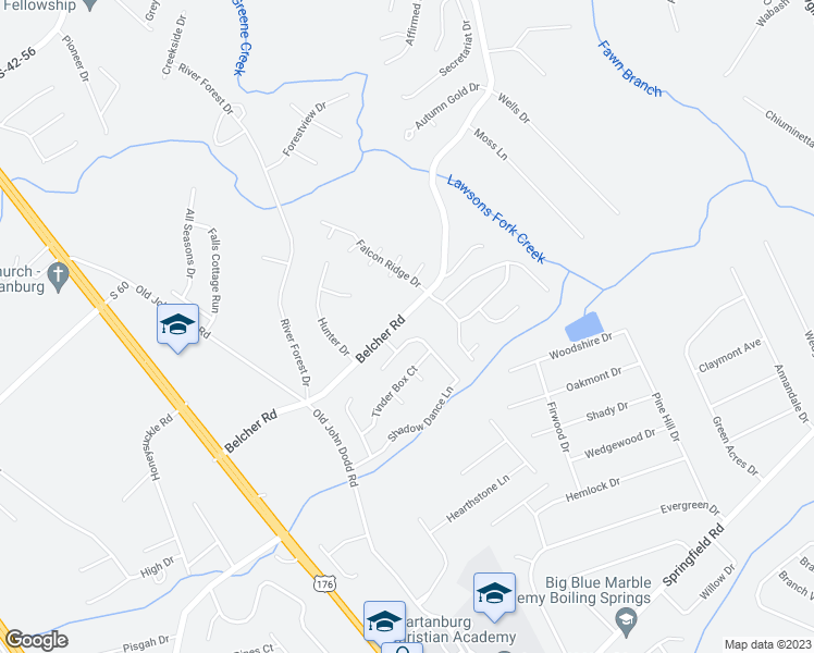 map of restaurants, bars, coffee shops, grocery stores, and more near 332 Belcher Road in Boiling Springs