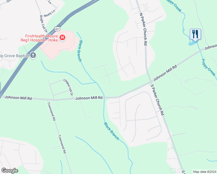 map of restaurants, bars, coffee shops, grocery stores, and more near 122 Taft Court in Raeford