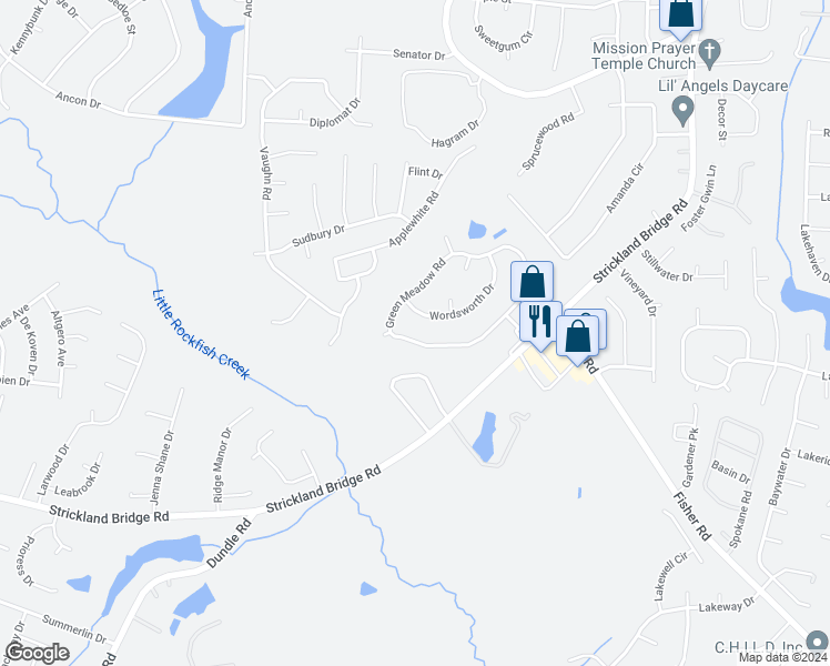 map of restaurants, bars, coffee shops, grocery stores, and more near 6552 Green Meadow Drive in Fayetteville