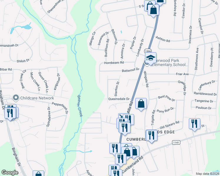 map of restaurants, bars, coffee shops, grocery stores, and more near 2226 Memory Street in Fayetteville