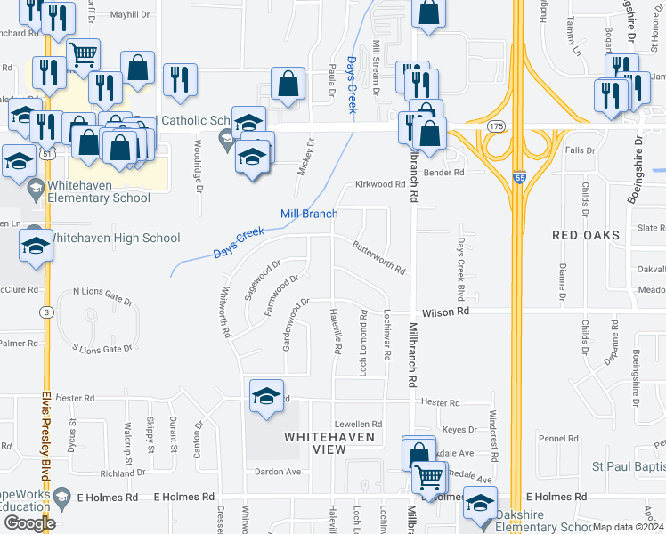 map of restaurants, bars, coffee shops, grocery stores, and more near 4219 Lochinvar Road in Memphis