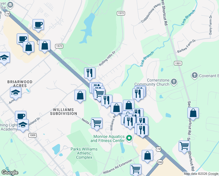 map of restaurants, bars, coffee shops, grocery stores, and more near 2507 Foxmoor Drive in Monroe