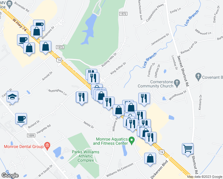 map of restaurants, bars, coffee shops, grocery stores, and more near 2507 Foxmoor Drive in Monroe