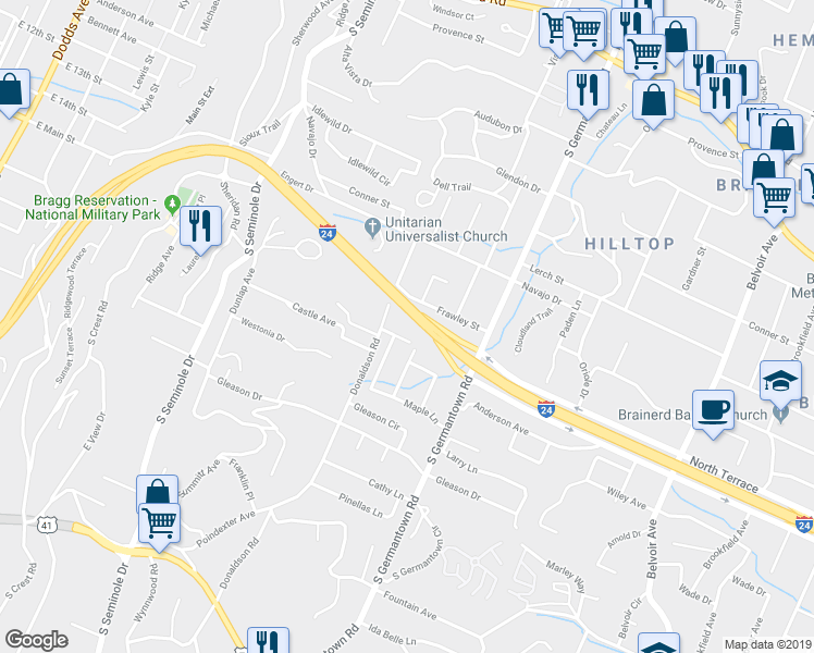 map of restaurants, bars, coffee shops, grocery stores, and more near 3314 Frawley Street in Chattanooga
