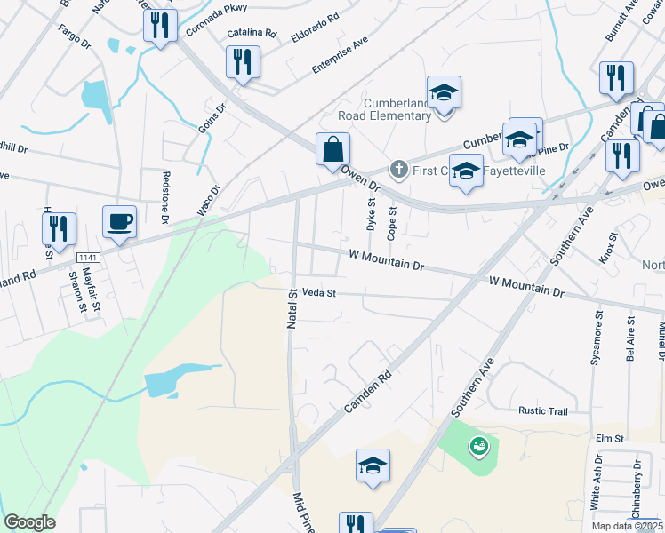map of restaurants, bars, coffee shops, grocery stores, and more near 205 Bobbie Street in Fayetteville
