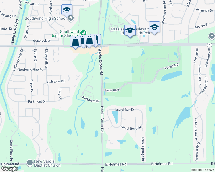 map of restaurants, bars, coffee shops, grocery stores, and more near 8056 Irene Boulevard in Memphis