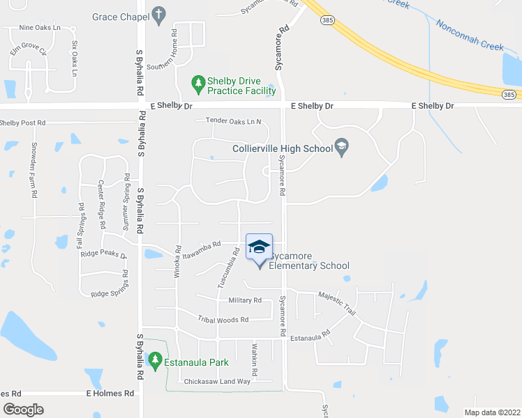 map of restaurants, bars, coffee shops, grocery stores, and more near 1114 East Old Hearthstone Circle in Collierville