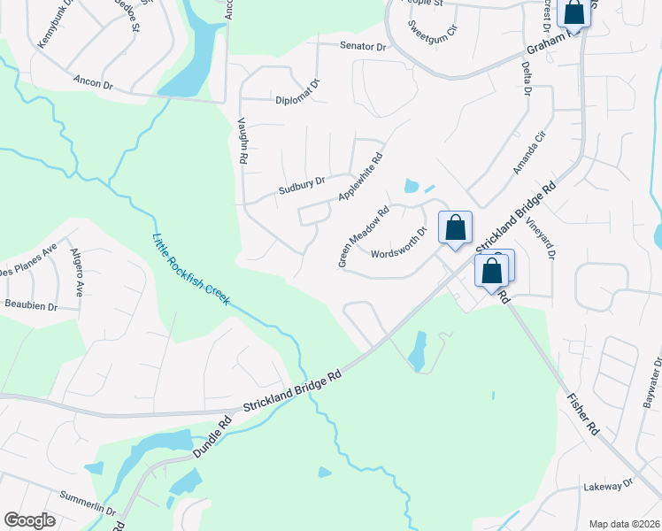map of restaurants, bars, coffee shops, grocery stores, and more near 6414 Green Meadow Road in Fayetteville
