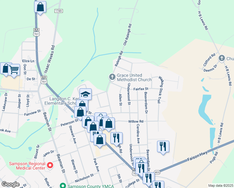 map of restaurants, bars, coffee shops, grocery stores, and more near 1102 Raleigh Road in Clinton