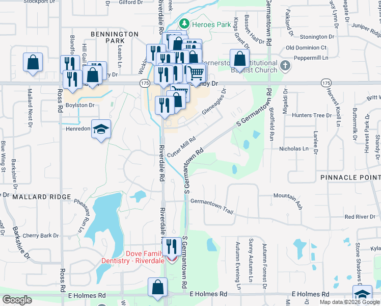 map of restaurants, bars, coffee shops, grocery stores, and more near 7017 Cutter Mill Road in Memphis