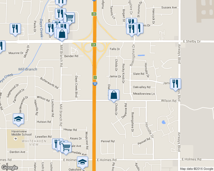 map of restaurants, bars, coffee shops, grocery stores, and more near 4867 Dianne Drive in Memphis