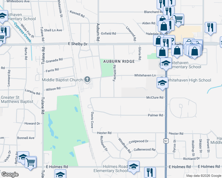 map of restaurants, bars, coffee shops, grocery stores, and more near 4859 Fairfield Road in Memphis