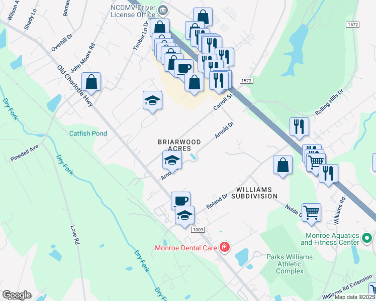map of restaurants, bars, coffee shops, grocery stores, and more near 2519 Arnold Drive in Monroe