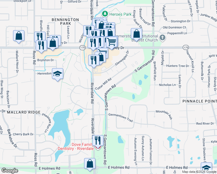 map of restaurants, bars, coffee shops, grocery stores, and more near 7017 Cutter Mill Road in Memphis
