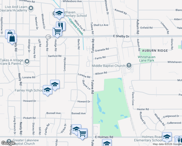map of restaurants, bars, coffee shops, grocery stores, and more near 4843 Shayne Lane in Memphis