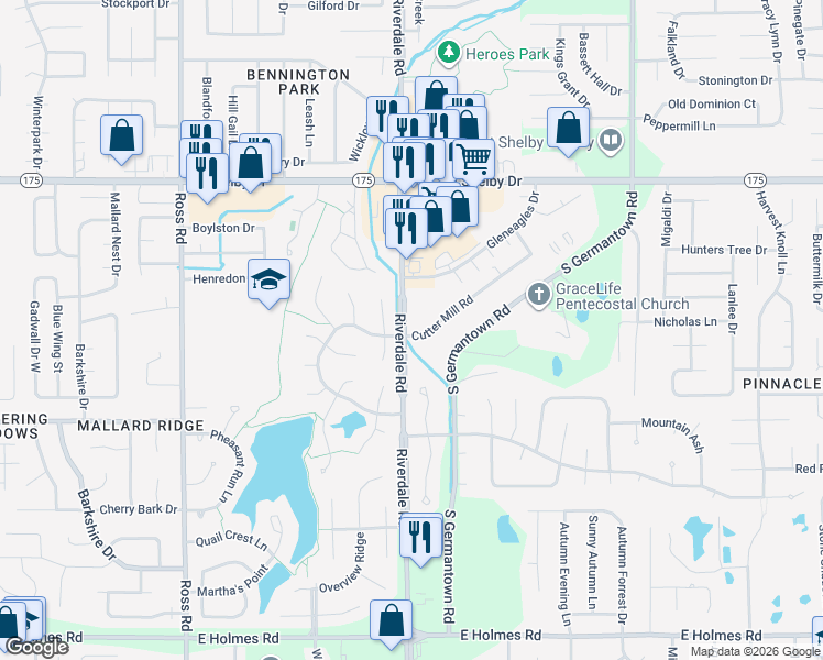 map of restaurants, bars, coffee shops, grocery stores, and more near 6974 Cutter Mill Road in Memphis