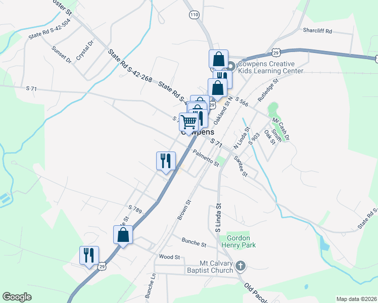 map of restaurants, bars, coffee shops, grocery stores, and more near 5291 U.S. 29 in Cowpens