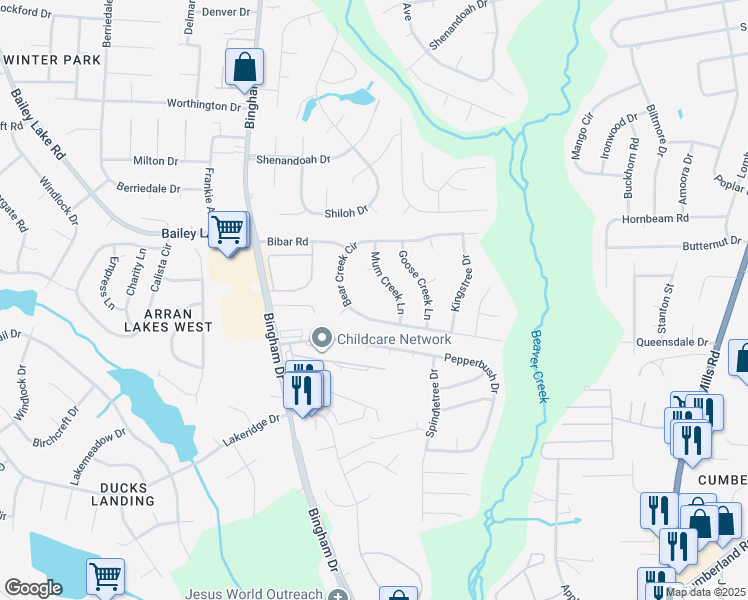 map of restaurants, bars, coffee shops, grocery stores, and more near 1709 Buck Creek Court in Fayetteville