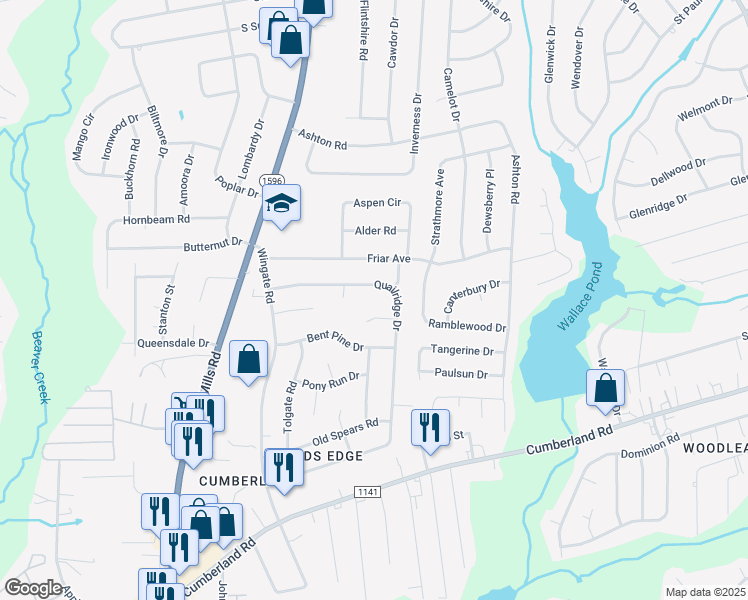 map of restaurants, bars, coffee shops, grocery stores, and more near 2134 Quailridge Drive in Fayetteville