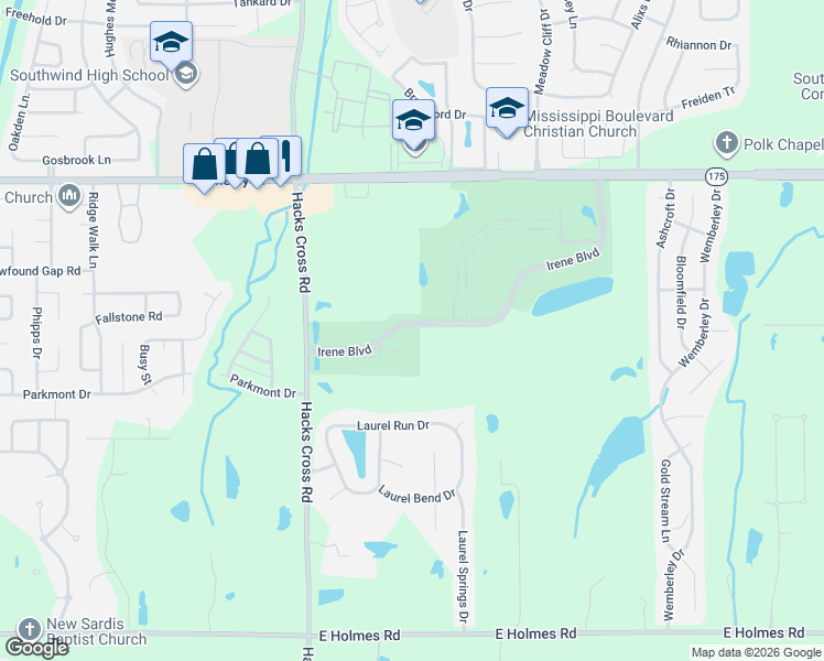 map of restaurants, bars, coffee shops, grocery stores, and more near 8285 Irene Boulevard in Memphis