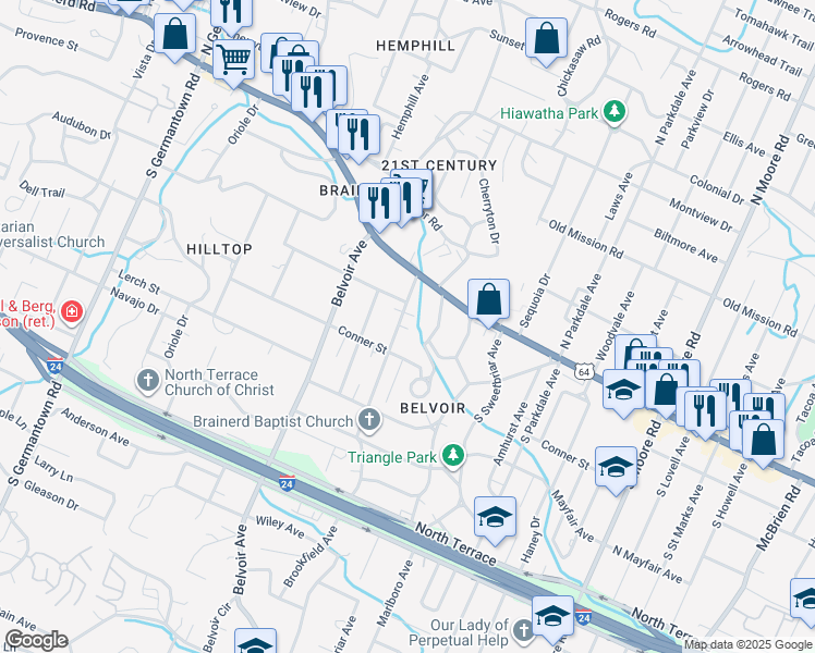 map of restaurants, bars, coffee shops, grocery stores, and more near 105 Brookfield Avenue in Chattanooga