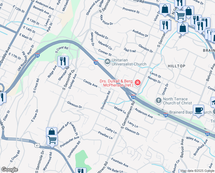 map of restaurants, bars, coffee shops, grocery stores, and more near 503 Donaldson Road in Chattanooga