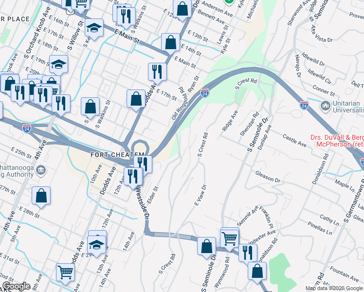 map of restaurants, bars, coffee shops, grocery stores, and more near 2103 Elder Street in Chattanooga