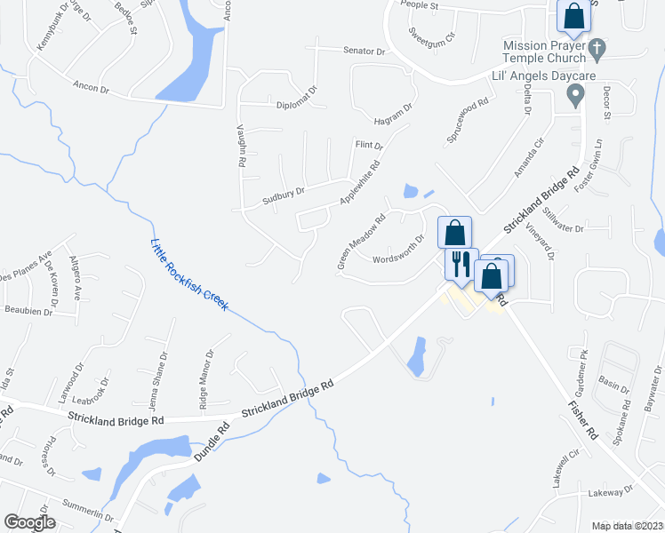 map of restaurants, bars, coffee shops, grocery stores, and more near 6401 Green Meadow Drive in Fayetteville