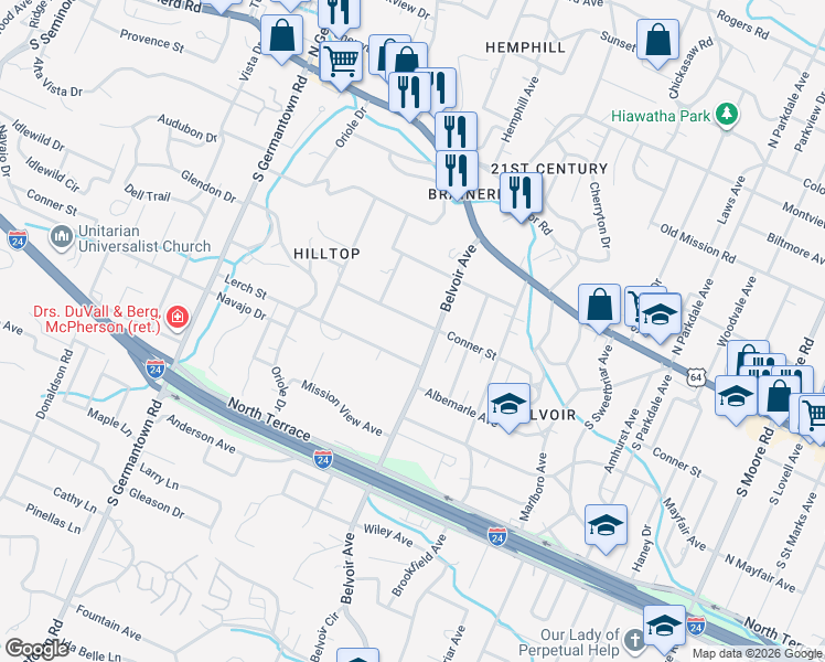map of restaurants, bars, coffee shops, grocery stores, and more near 3918 Conner Street in Chattanooga