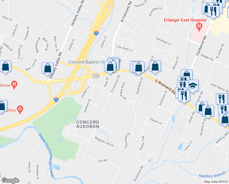map of restaurants, bars, coffee shops, grocery stores, and more near 1348 North Concord Road in Chattanooga