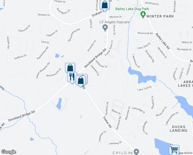 map of restaurants, bars, coffee shops, grocery stores, and more near 6561 Vineyard Drive in Fayetteville